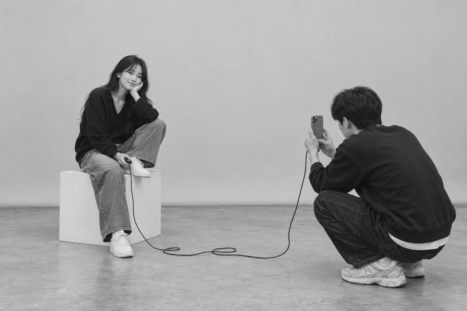 Two people in a photo studio: one posing on a white cube, the other photographing them with a phone.